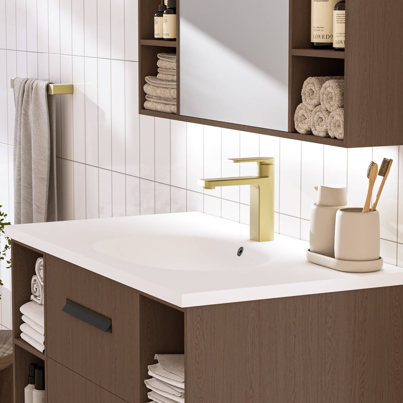 Llave monomando baja para lavabo l&iacute;nea Meissen en dorado satinado,,hi-res image number null