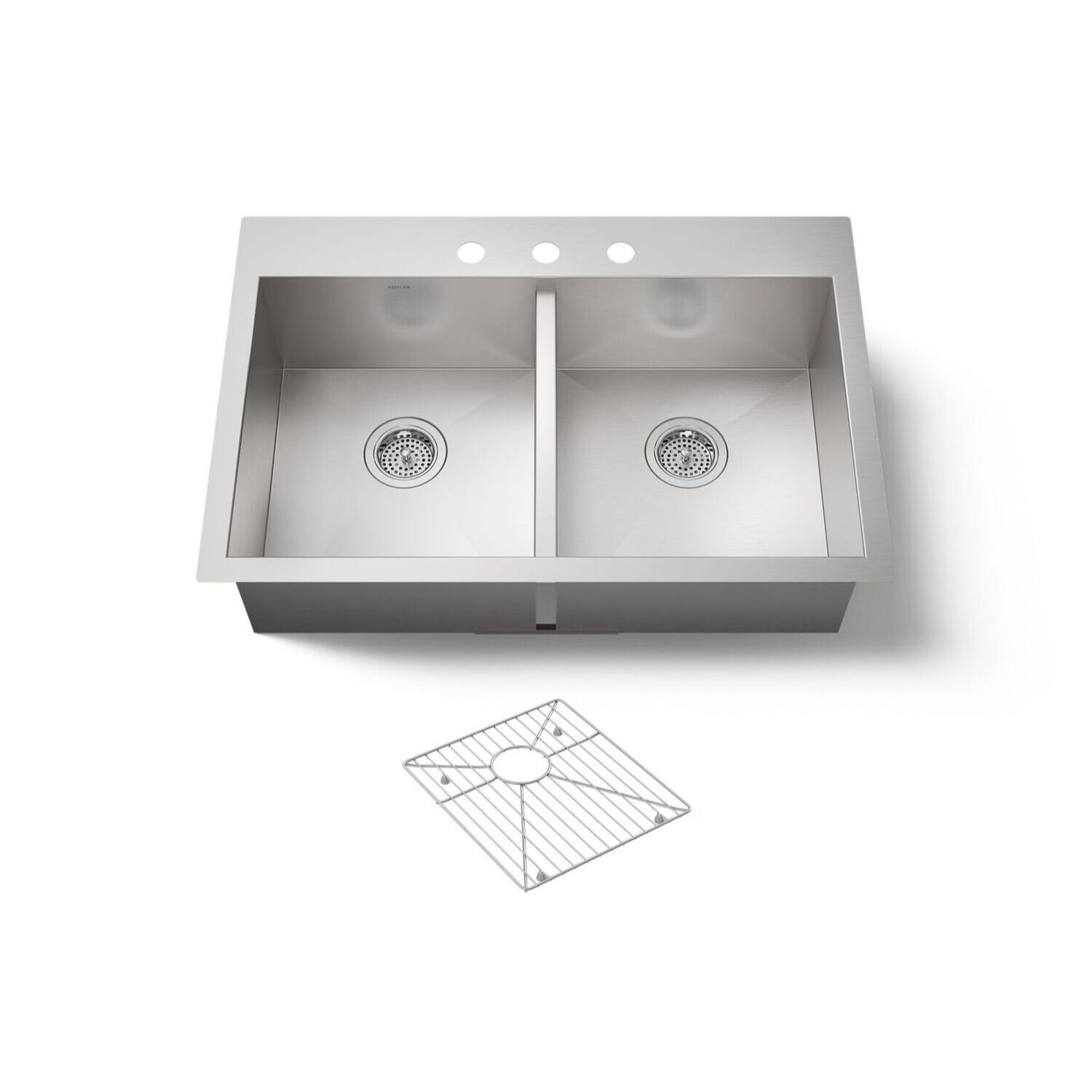 Tarja de dos tinas con tres orificios l&iacute;nea Vault en acero inoxidable,,hi-res image number null